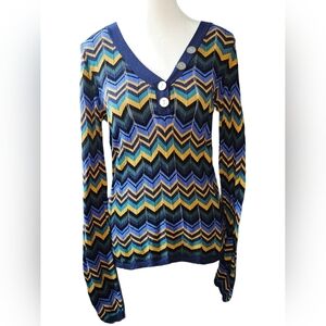 ModCloth Chevron V-Neck Henley Knit Top Multicolor Long Sleeve Stretch Sz M
